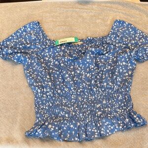 Blue and White Ruffled Puff Sleeve Blouse